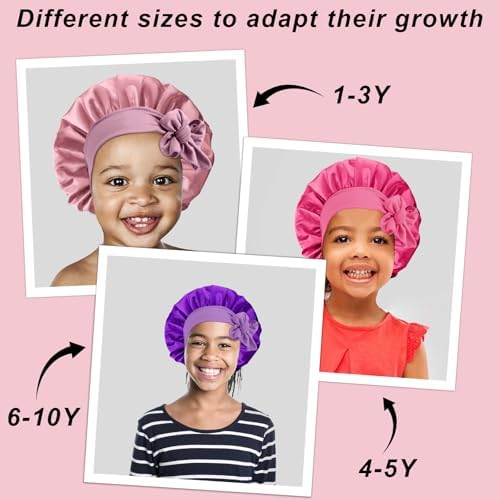 3 Pcs Kids Silk Bonnet for Sleeping-Baby Kids Satin Hair Bonnet for Curly Hair Girls Boys with Wide Elastic Band,Sleeping Cap for Teens Toddler (Rose Gold+Hotpink+Purple) - Image 7