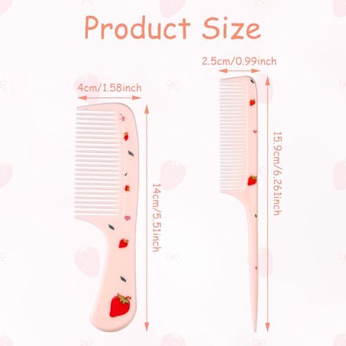 2pcs Baby Hair Comb Set, Pink Strawberry Mini Fine Tooth & Rat Tail Comb - Image 2