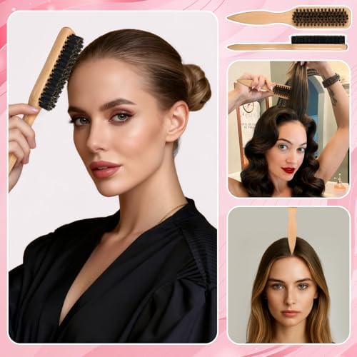6 Pcs Boar Bristle Slick Back Hair Brush with Pink Edge Brush, Rat Tail Comb and Wide Tooth Comb for Women Men - Image 7