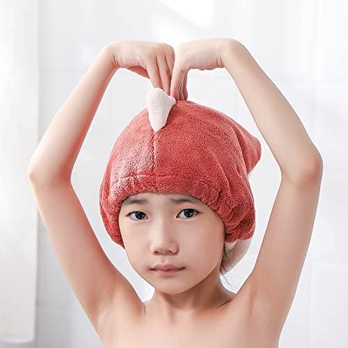 Hair Drying Towel for Kids Girls, Cute Cartoon Absorbent Quick Drying Bath Wrap Set for Bathing, Spa, Swimming Pool, Soft Microfiber Cap for Curly Long & Wet Hair, Red - Image 2