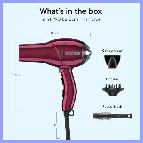 Conair Hair Dryer with Diffuser, Concentrator & Round Brush, Burgundy - Image 7