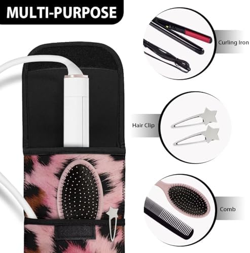 Curling Iron Travel Case Heat Resistant Neoprene Pouch for Curling Iron Flat Iron Hair Straightener Storage Bag Portable Hot Tools Bag Long-Term Use,Pink Leopard Print - Image 7
