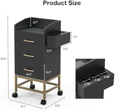 Salon Station for Hair Stylist, Black Beauty Barber Storage Station w/Lockable Wheels, Modern Salon Workstation, Rolling Beauty Cabinet Cart with 3 Drawers and 3 Hair Dryer Holders - Image 3