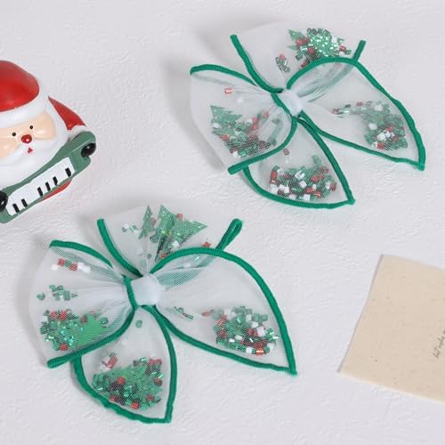 2pcs 4" Christmas Tree Shaker Bows Hair Clips for Girls Women Green Mesh Tulle Fable Hair Bow Alligator Barrettes Kids Teen Toddler Holiday Party Dress Decoration Accessory Xmas Gift - Image 2