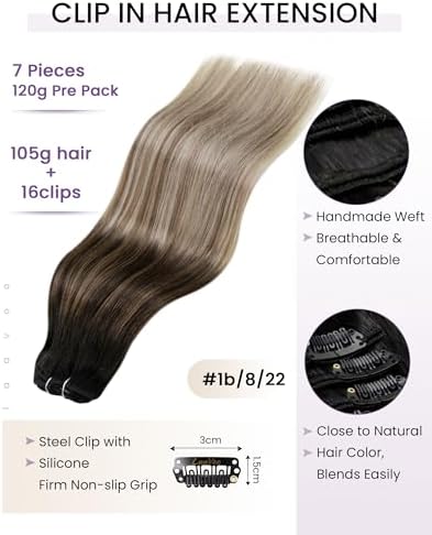 LaaVoo Hair Extensions Clip in Human Hair Black Ombre Fading to Light Brown Mix Light Blonde 20inch 7pcs/120g Clip in Remy Human Hair Extensions For Women Double Weft Long Straight - Image 2