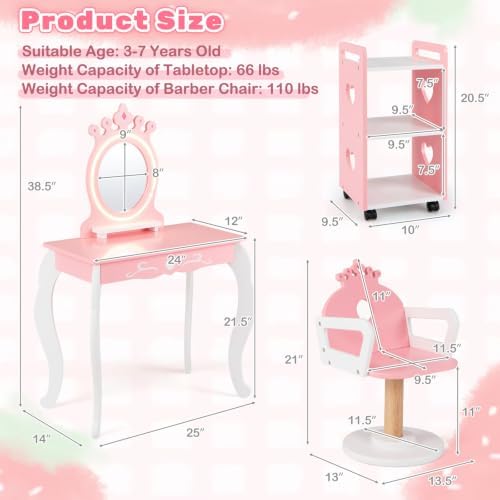 Costzon Kids Hair Salon Play Set with LED Lighted Mirror, Wooden Pretend Hair Salon Station w/Swivel Barber Chair & Rolling Cart, 10 Accessories Included, Makeup Vanity Set for 3-7 Years Old Children - Image 6