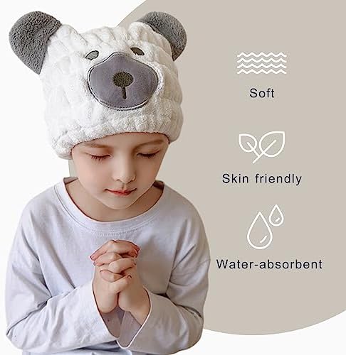Microfiber Hair Towel Wrap for Kids, White Bear Toddler Quick Dry Cap - Image 4