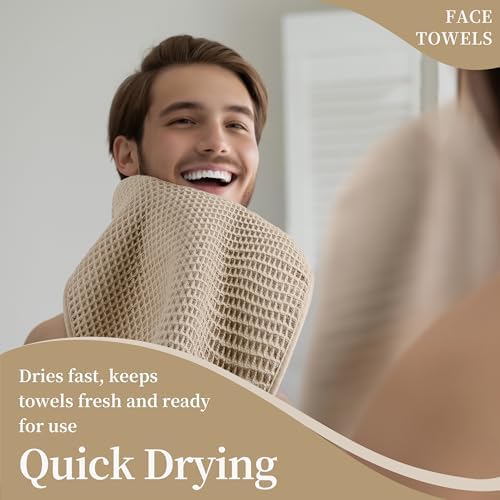 Microfiber Waffle Face Towels, 4 Pieces, Soft, Absorbent, Fast Drying, Lint Free 430 GSM (Beige) - Image 5
