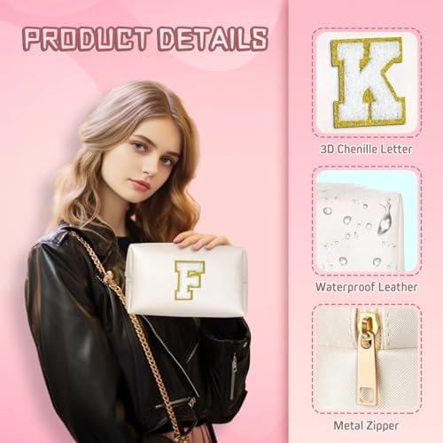 TOPEAST Personalized Birthday Gifts for Women, Preppy Patch Makeup Bag, Chenille Letter Pouch Cosmetic Bag, Travel Organizer, Gifts for Friends, Cute Stuff for Women (White L) - Image 4