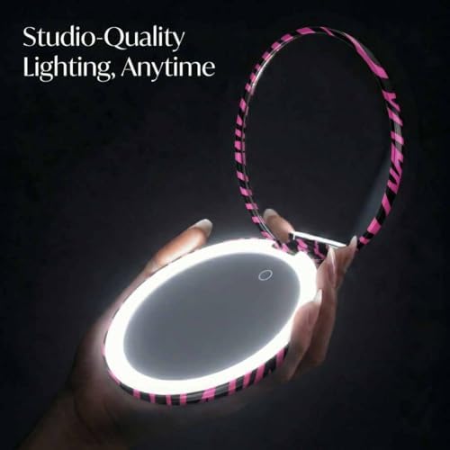 Fancii Taylor LED Lighted Travel Makeup Mirror, Rechargeable, 10x /1x Magnifying, Tru-Glow Lighting System, XL Large 5” Wide | Compact Mirror for Purses (Hot Pink Safari) - Image 3