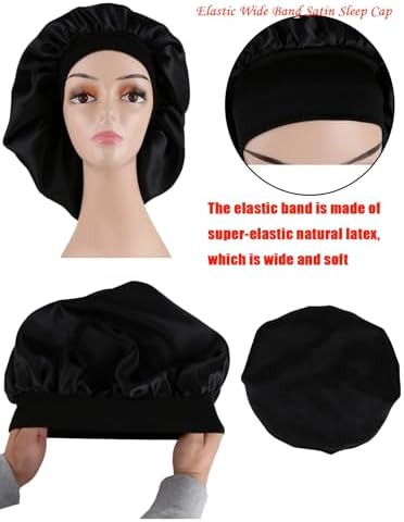 2 Pcs Extra Large Size Women Satin Bonnet Sleep Cap Silk Feeling Shower Cap Hair Scarf Wrap (Black Burgundy Hot Pink) (Black) - Image 5