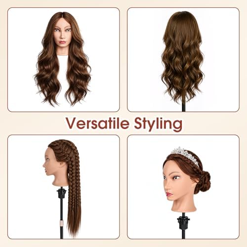 Mannequin Head with 80% Real Hair, 26'' Hairdresser Practice Styling Training Head Cosmetology Manikin Doll Head with Clamp Holder, DIY Braiding Set (Amber Brown) - Image 6