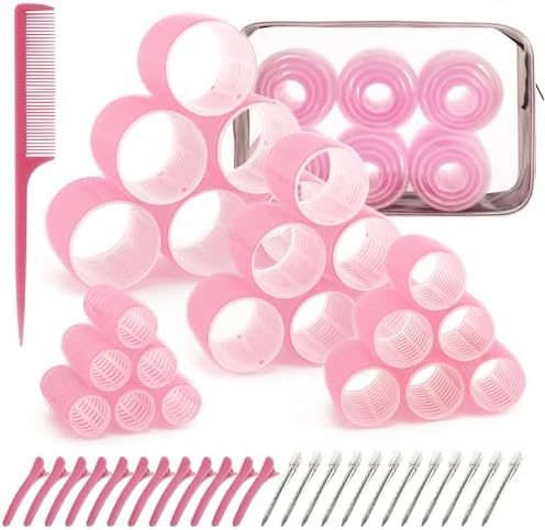 4 Sizes Hair Rollers Set with Clips - 50 Pcs Hair Curlers Rollers for Women, Self Grip Holding Hair Roller for Hair Long Medium Short Bangs Thick Fine Volume Thin, Pink by PIKBIU