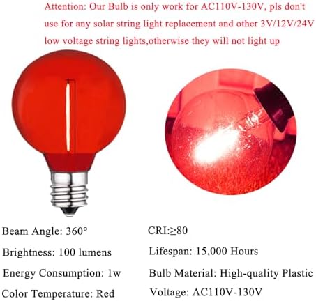 G40 Red LED Bulb 1W Replacement Light Bulbs Shatterproof Waterproof LED Outdoor String Lights Decorative Night Light E12/C7 Candelabra Base for Wedding Patio Garden Yard,15 Pack(Red) - Image 3