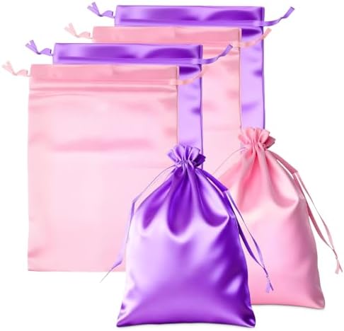 4Pcs Satin Wig Bags with Drawstring, Purple & Pink Silk Hair Storage Bags for Multiple Wigs, Hair Extensions, Weave Bundles and Braids (2 Purple + 2 Pink) by Unknown