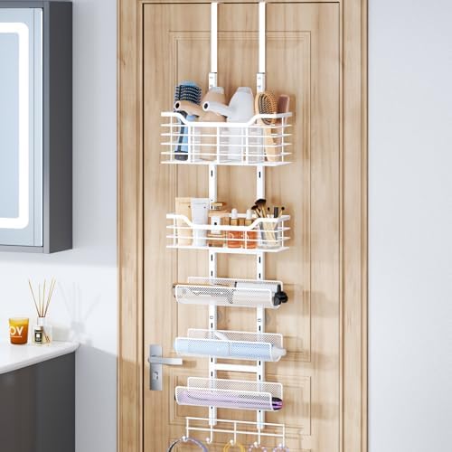 Consumest 6-Tier Hair Tool Organizer - Hair Dryer Holder Over The Door/Wall Mounted DIY Adjustable Shelf Bathroom Door Organizer with Hook for Curling Iron/Blow Dryer/Straightener White - Image 2