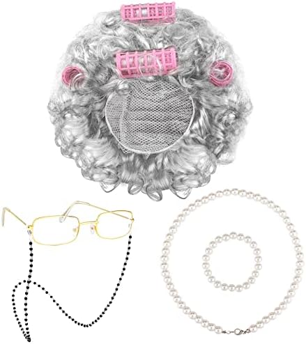 URATOT 5 Pieces Halloween Old Lady Wig Costume Set Grandma Wig Hair Rollers Glasses Chain Necklace Bracelet by URATOT