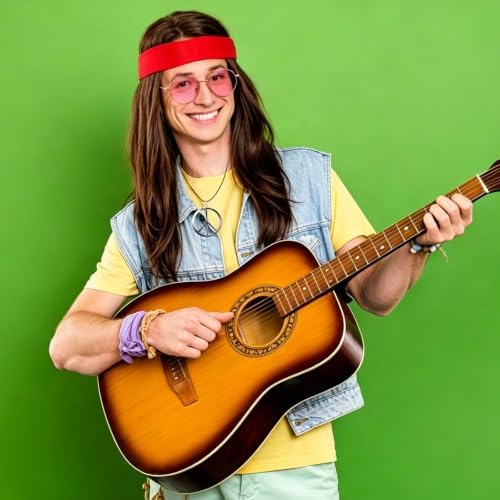 Bvrbaory Hippie Accessories for Men,4 Pcs Retro Hippie Costume Set with Hippie Wig,Sunglasses,Peace Necklace and Headband,60s 70s Disco Style,80s Retro Party,Halloween Fancy Dress - Image 7