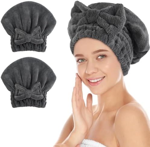 SUNLAND Large Microfiber Hair Drying Caps with Bow Knot 2 Pack Grey by SUNLAND