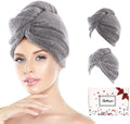 Microfiber Hair Drying Towels for Women 2 Pack w/ Secured Button,Grey+Strip by Jeffsun