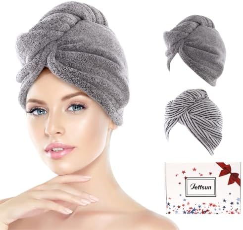 Microfiber Hair Drying Towels for Women 2 Pack w/ Secured Button,Grey+Strip by Jeffsun