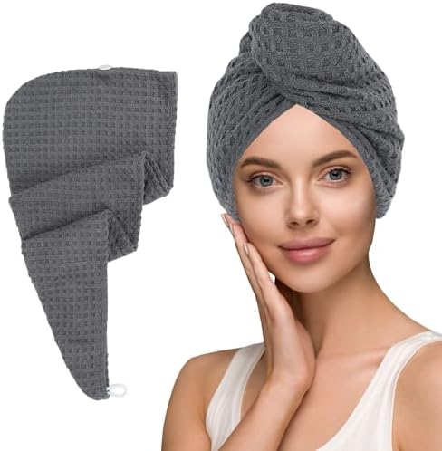 MaopaoBeauty Hair Towel Terry Cloth Absorbent Dry Anti Frizz Twist Plopping Curly Shower for Women Wet Hair 1Pack Grey Waffle Long Hair Head Wraps Quick Dry Hair Drying Towels Button by BESTCHOICEFORYOU%EF%BC%81