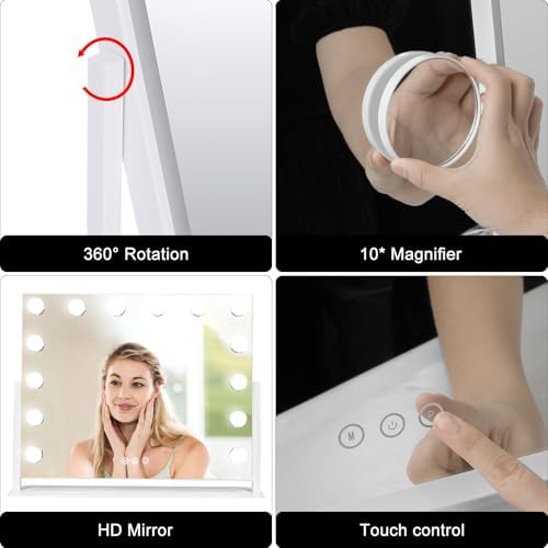Large Vanity Mirror with Lights, Hollywood Lighted Makeup Mirror, 3 Color Temperatures,Stepless Dimming and 10X Magnifying Mirror, 360°Rotation - Image 7