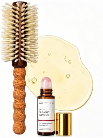 Boar Bristle Round Brush with Rose Quartz Castor Oil Roller Ball Set by popcode