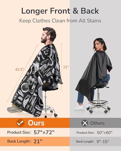 ULG Professional Hair Cutting Cape with Neck Duster Brush Waterproof Extra Large Size Salon Barber Cape Haircut Cape for Men Women and Kids, 57”×72” Full Body Coverage, Black with White Printing - Image 2