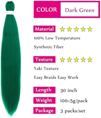 Dark Green Braiding Hair Pre Stretched Kanekalo Knotless Prestretched Braiding Hair 30 inch Colored Hair Extensions for Braiding Pre Stretched Micro Braids Itch Free Yaki Long Braiding Hair - Image 3