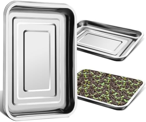 RooTrimmer 5 Pack Large Stainless Steel Seedling Trays, Heavy Duty Metal Water Catch Trays for Nursery Pots-Transplant, Seed Germination & Propagation Flats (17.5 inch×13.56 inch, 1.18" Height) by RooTrimmer