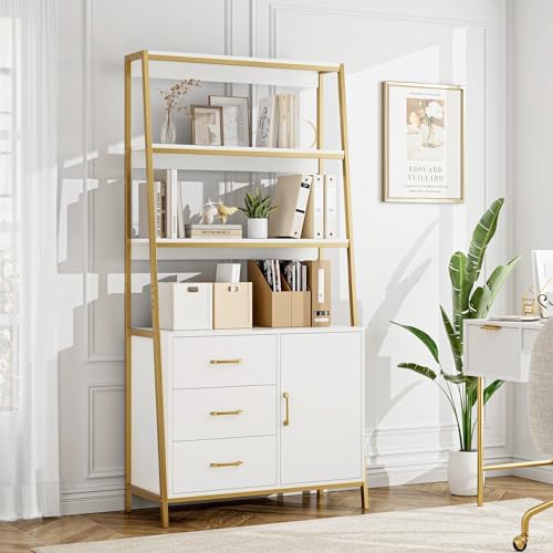 HITHOS White Gold Bookshelf, 69" H Ladder Book Shelf with Drawers & Shelves - Image 2