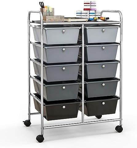 Giantex 10 Drawers Rolling Cart, Classroom Organizers, Storage Cart with Wheels, for Teacher Office Home School Supplies Tool Craft Art Paper, Black Gradient by Giantex