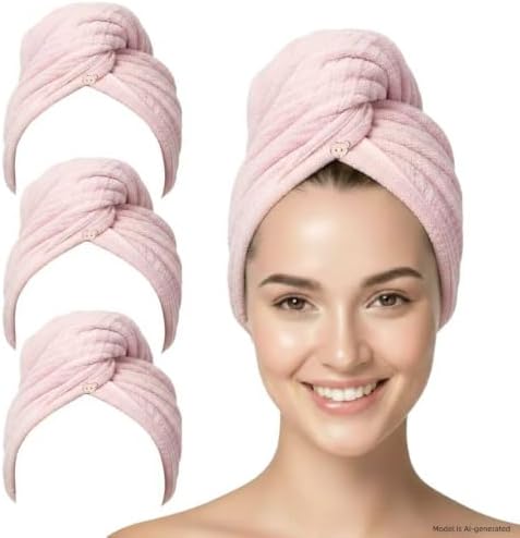 3 Pack Pink Microfiber Hair Towel Wrap with Bear Button, Super Absorbent Quick Dry Hair Turban for Women,Soft Hair Drying Cap for Long Thick Curly Hair, Shower Bath Travel Hair Wrap by YHPDYL