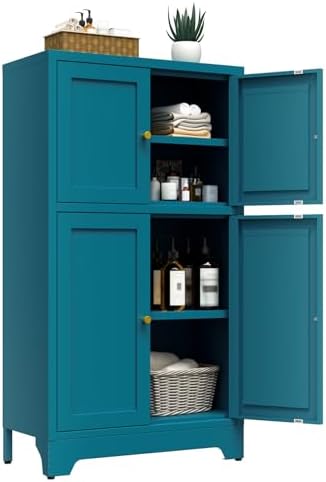 Bevivog Bathroom Floor Storage Cabinet,Metal Accent Cabinets with 4 Doors and 2 Adjustable Shelves,Blue Storage Locker Cabinets Organizer for Pantry Kitchen,Living Room,Hallway, Restroom by BevivogStylishCabinetsOrganizeYourSpace