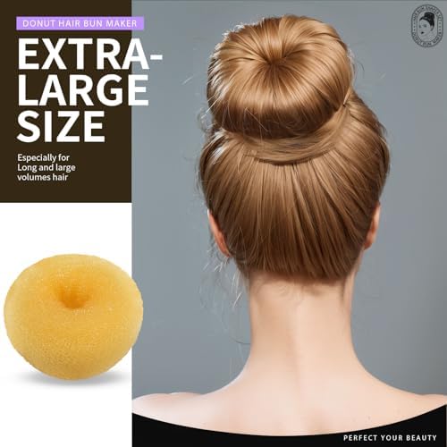 Teenitor Hair Bun Maker Set, 7 Pieces Bun Donuts for Hair(1 Extra-Large, 2 Large, 2 Medium, 2 Small), 5 Elastic Bands, 20 Hair Pins, Gold - Image 5