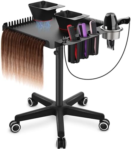 TASALON Black Salon Rolling Tray Cart on Wheels, Portable Braiding Hair Rack with Magnetic Hair Dye Bowls, Heat-Resistant Tool Rack for Salon Storage, Rolling Tool Cart & Hairstylist Station Organizer by TASALON