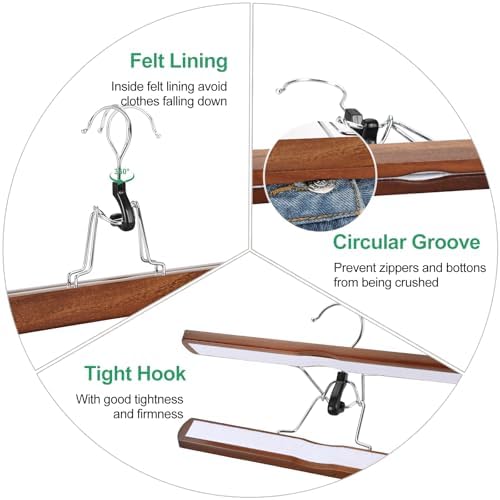 TOPIA HANGER 12 Pack Wooden Pants Hangers, Hair Extension Hangers Non Slip Skirt Hanger Wood Clamp with Velvet Padded 360° Swivel Hook for Jeans, Skirts, Trousers, Wigs CT67WA - Image 4
