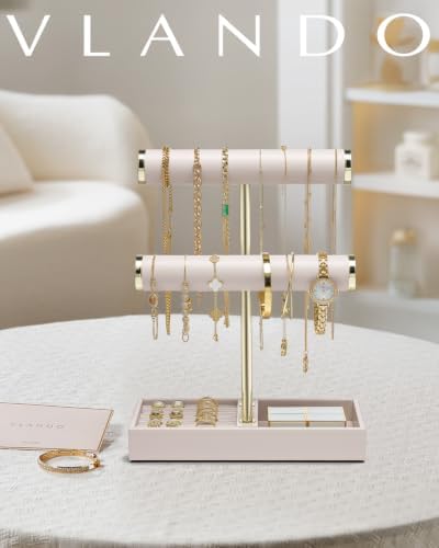 VLANDO Jewelry Organizer, 2 Tier Jewelry Bracelet Necklace Holder with Tray - Image 2