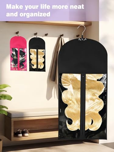 3 Pcs Hair Extension Holder for Styling, Wig Storage Bags with Hanger, Rose - Image 6