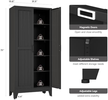 YAUWOH 71''Metal Cabinet with 4 Adjustable Shelves,5-Tier Kitchen Pantry Cabinet - Image 3