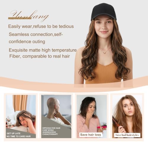 Hat Wig Baseball Cap Hat with Long Wavy Wig Layered Highlights Brown Hair - Image 6