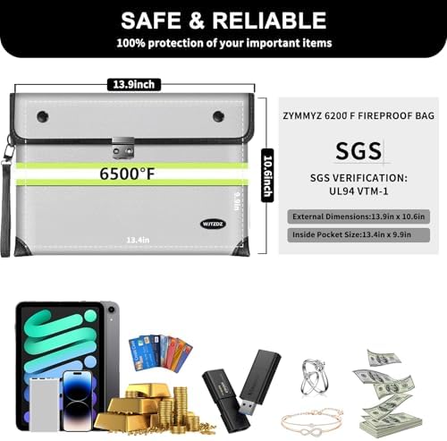 Upgraded 6200°F Fireproof Document Bag Waterproof with Zipper,9 Layers of Heat Insulated Materials,Fireproof Money Bag for Cash,Valuables and Important Documents - Image 5