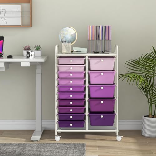 Giantex 15 Drawers Rolling Cart, Classroom Organizers, Storage Cart with Wheels, for Teacher Office Home School Supplies Tool Craft Art Paper, Purple Gradient - Image 2