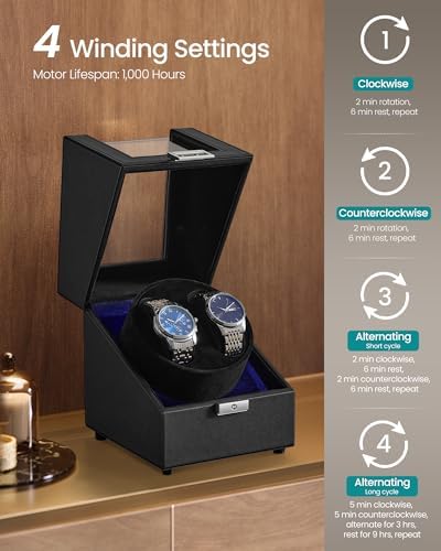 SONGMICS Automatic Double Watch Winder Box, Quiet Motor, LED Light, Lock - Image 3