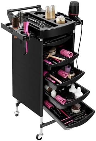 Salon Trolley Cart with Wheels & 5 Drawers, 6 Layer Salon Rolling Stations for Hair Stylist Rolling Storage Trolley w/ 2 Hair Dryer Holder Side Tray for Beauty Tattoo Hairdressing Beauty Equipment by Unknown
