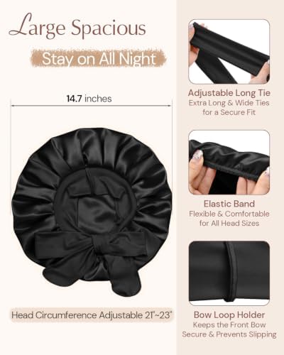 BONNET QUEEN Silk Bonnet for Sleeping Women HYALURONIC Acid Double Layer Satin Lined Bonnet Night Sleep Cap Wrap for Curly Hair with Adjustable Tie Band & Scrunchie, Black - Image 5