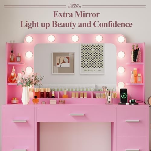 JUMMICO Makeup Vanity Desk with Large Mirror and Lights, Vanity with Power Strip and Hairdryer Holder, 6 Open Shelves and 7 Drawers Modern Dressing Table, for Bedroom (Pink) - Image 3