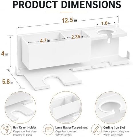 Hair Dryer Holder Hot Tools Organizer, Blow Dryer Holder Wall Mount, Bathroom Hair Tool Organizer Rack for Universal Dryer White - Image 3