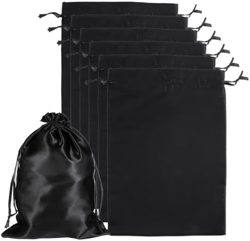 JIEYAO 6 Pieces Wig Bags with Satin Drawstring, Black Silk Wig Storage Bags Storage for Wigs Extension Bundle(Black) by Unknown